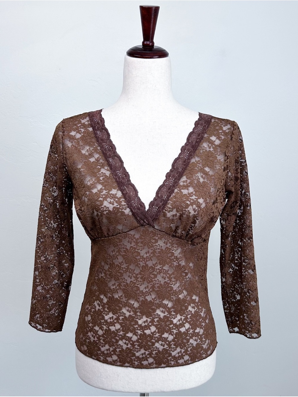 Vintage Y2K Sheer Brown Floral Lace V-Neck Empire Waist Sexy Lingerie Top LARGE
